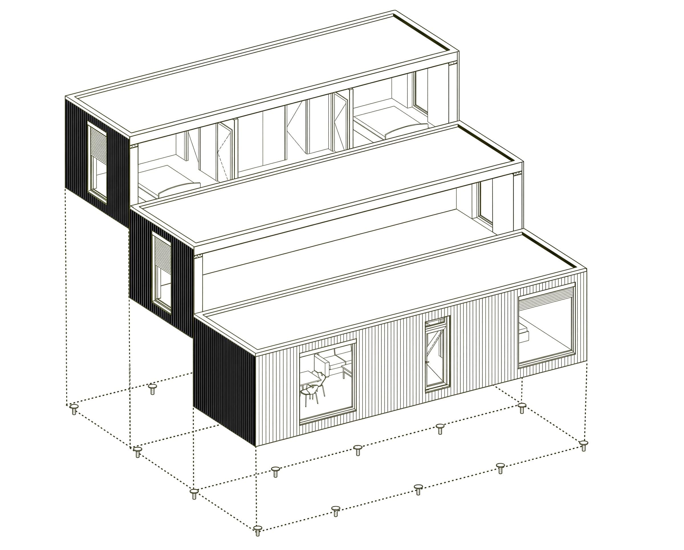 Isometric drawing of a BioBuilds modular home on its ground screws